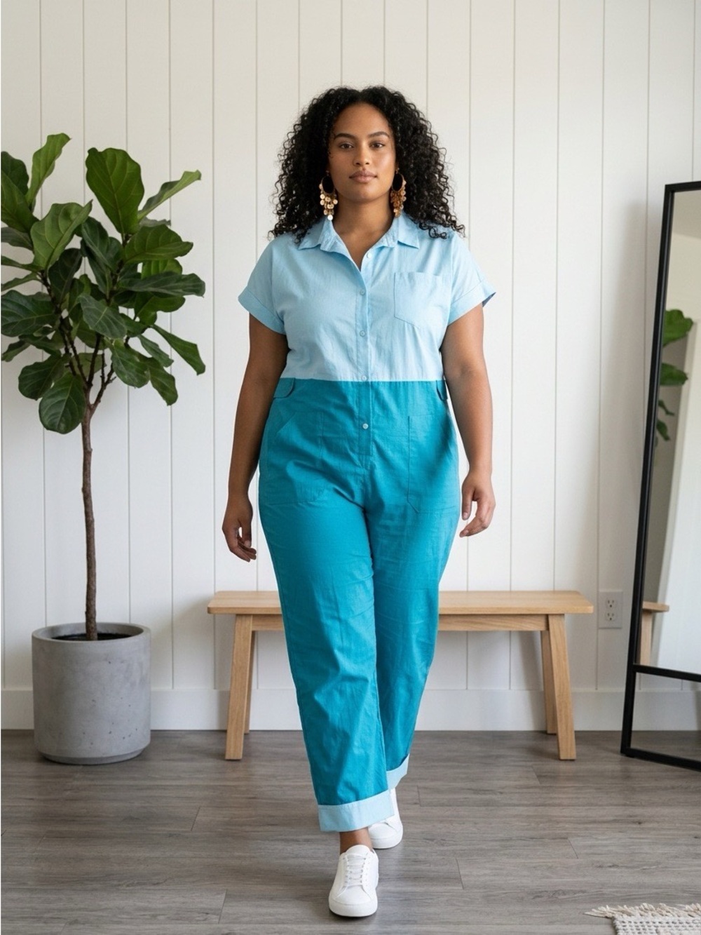 THE KIT Two-Tone Teal Short-Sleeve Jumpsuit